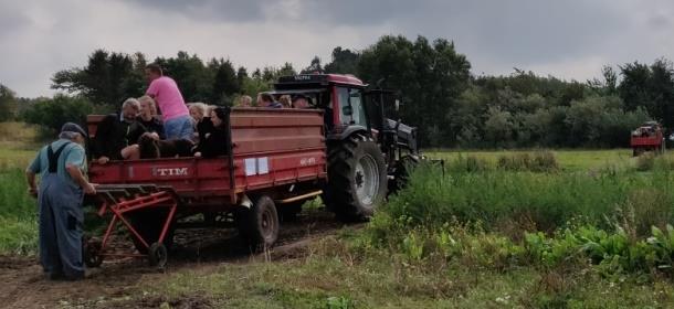 Traktor med vogn på marken